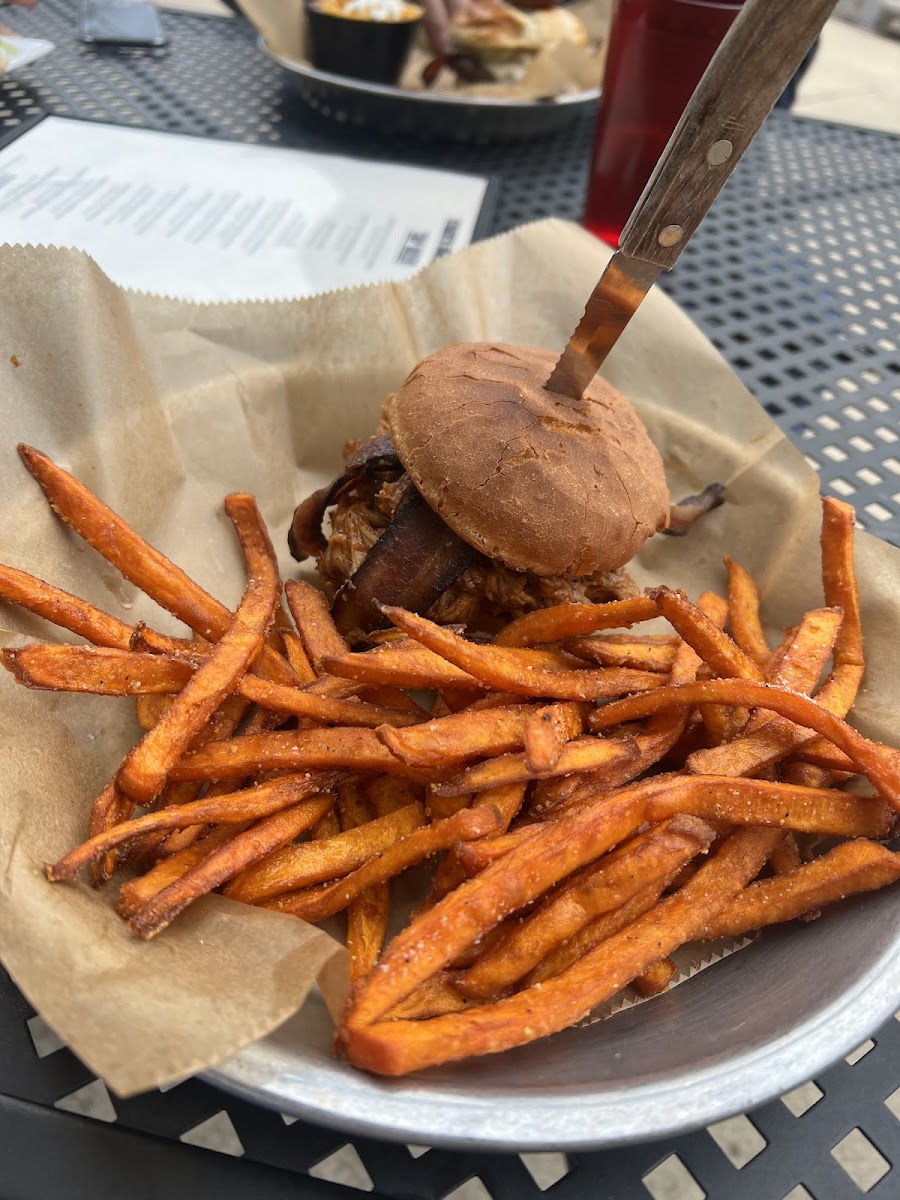 Pulled pork sandwich and sweet potato fries