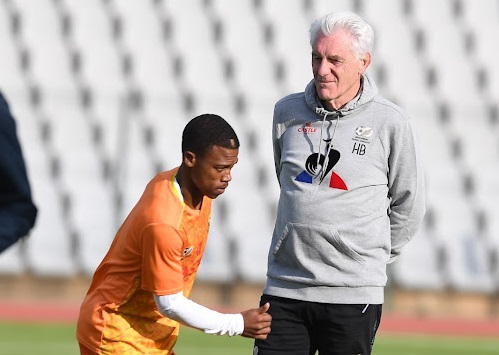 Bafana Bafana coach Hugo Broos with Ashley Du Preez during the South African men's national soccer team training session.