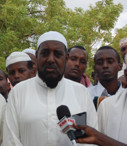 Garissa County SUPKEM secretary Abdullahi Salat speaking to the press.