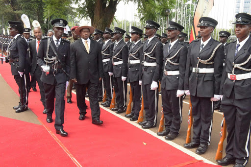 President Museveni inspecting the gaurd of honor before budget 2016/17 reading.