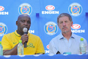 Pitso Mosimane (l), coach of Mamelodi Sundowns and Stuart Baxter (r), former coach of Supersport United during the Supersport United press conference at the Sammy Marks Square in Pretoria, South Africa on February 29, 2016.