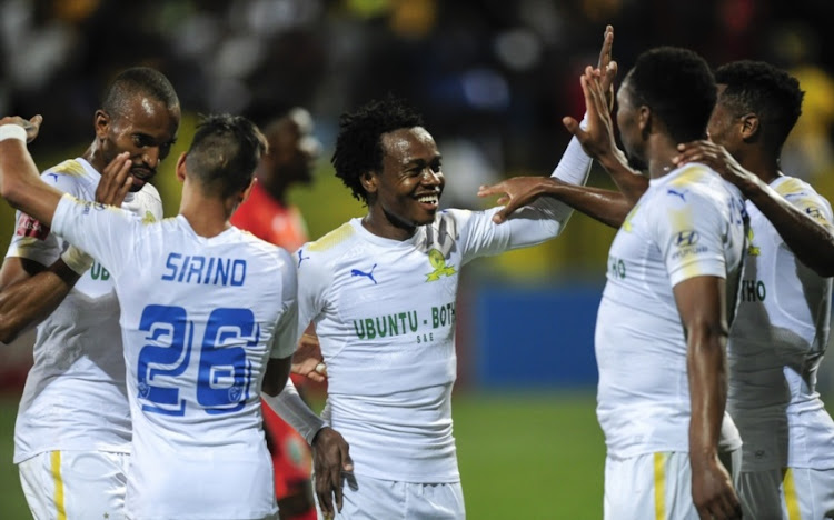 Celebrations as Sibusiso Vilakazi of Mamelodi Sundowns FC scores again during the Absa Premiership match between AmaZulu FC and Mamelodi Sundowns at King Zwelithini Stadium on March 02, 2018 in Durban.