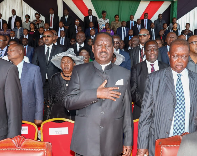 ODM leader Raila Odinga during the state funeral service of former President Daniel Moi at Nyayo Stadium on February 11, 2020.