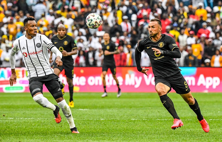 Happy Jele (captain)of Orlando Pirates and Samir Nurkovic of Kaizer Chiefs during the Absa Premiership match between Orlando Pirates and Kaizer Chiefs at FNB Stadium on February 29, 2020 in Johannesburg, South Africa.