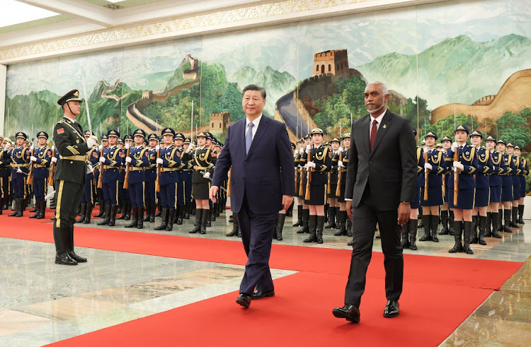 Chinese President Xi Jinping and Maldivian President Mohamed Muizzu attend a welcome ceremony at the Great Hall of the People in Beijing, China, on January 10 2024. Picture: REUTERS