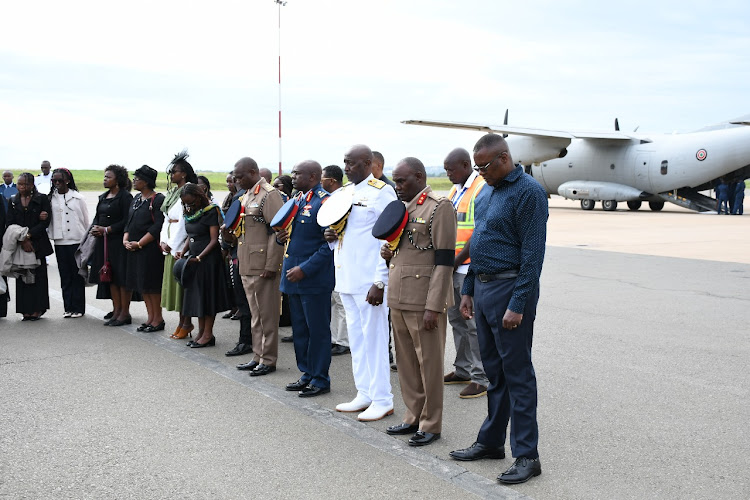 Sombre mood at Kisumu International airport as CS Eliud Owalo, family members and senior millitary bosses wait to receive the body of late CDF Francis Ogolla on Sunday, April 21, 2024.