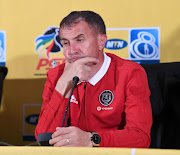 Orlando Pirates Serbian coach Milutin Sredojevic speaks to the media during a press conference ahead of their MTN8 quarterfinal match against SuperSport United at the PSL Offices on August 09, 2018 in Johannesburg, South Africa. 
