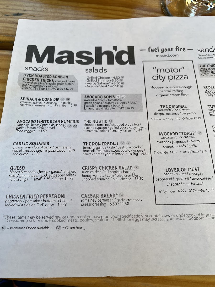 Mash'd gluten-free menu