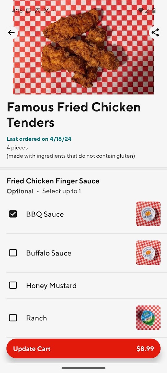 States on DoorDash that the chicken contains no gluten. I called to confirm that the tenders and chicken sandwich (sub GF bun) are both gluten free and in a dedicated fryer!