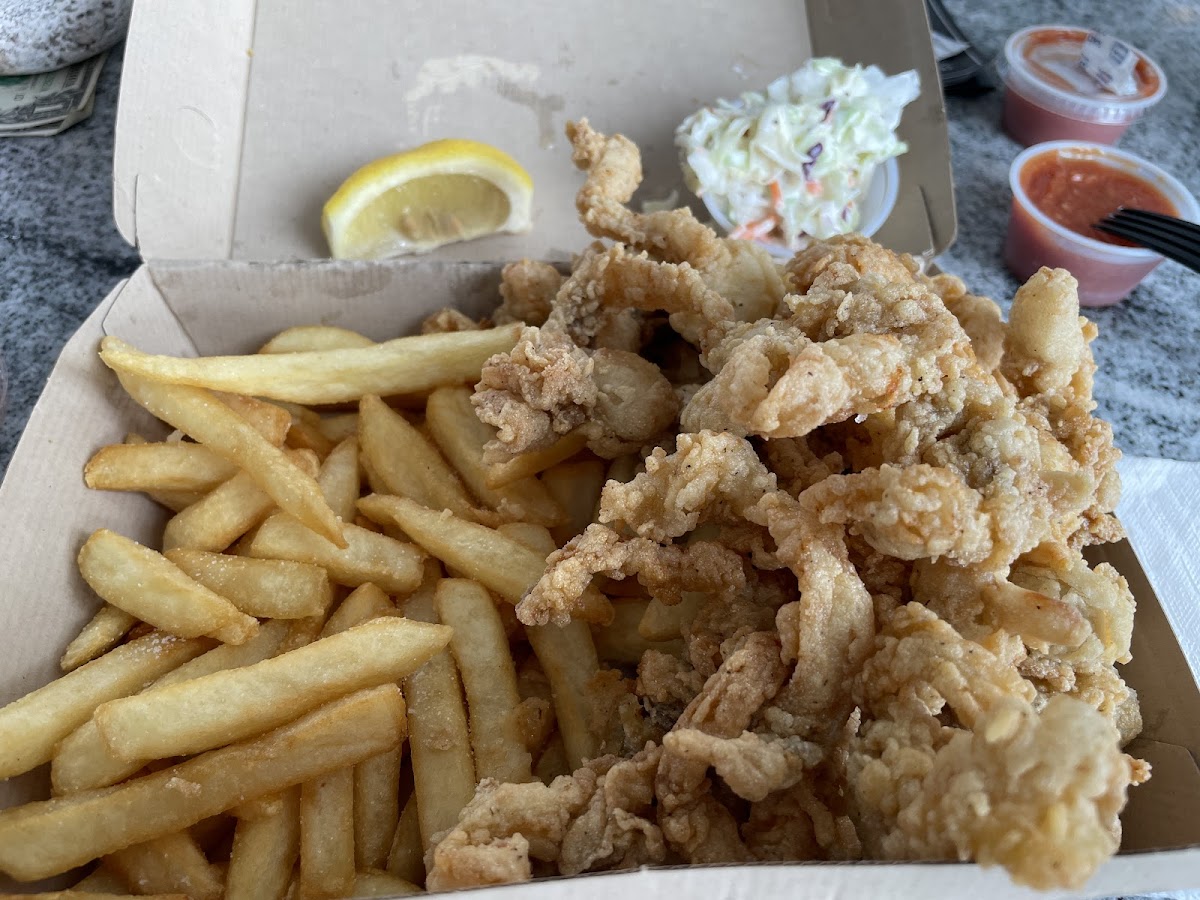 GF fried whole belly clams with french fries and cole slaw