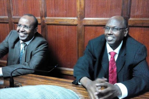 Former National Youth Service officials Adan Harakhe and Hassan Noor at Milimani law courts where they were charged with abuse of office and conspiracy to commit an economic crime, November 28, 2016. /MONICAH MWANGI