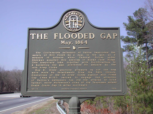 May, 1864 The Confederate defenders of Dalton impounded the waters of Mill Creek by a dam, in the gap, as a measure of defense when Federal forces under Sherman assailed this opening in Rocky Face...