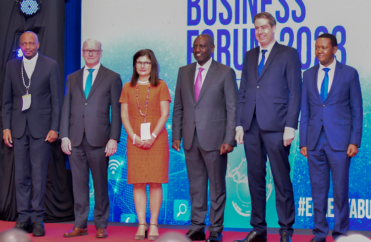 Trade CS Moses Kuria, Vice-President, European Investment Bank Thomas Ostros, EU Ambassador to Kenya Henriette, President William Ruto, Minister Delegate for Foreign Trade, Economic Attractiveness and French Nationals Abroad Olivier Becht and Foreign and Diaspora Affairs CS Alfred Mutua during the opening of the EU-Kenya Business Forum on February 21, 2023