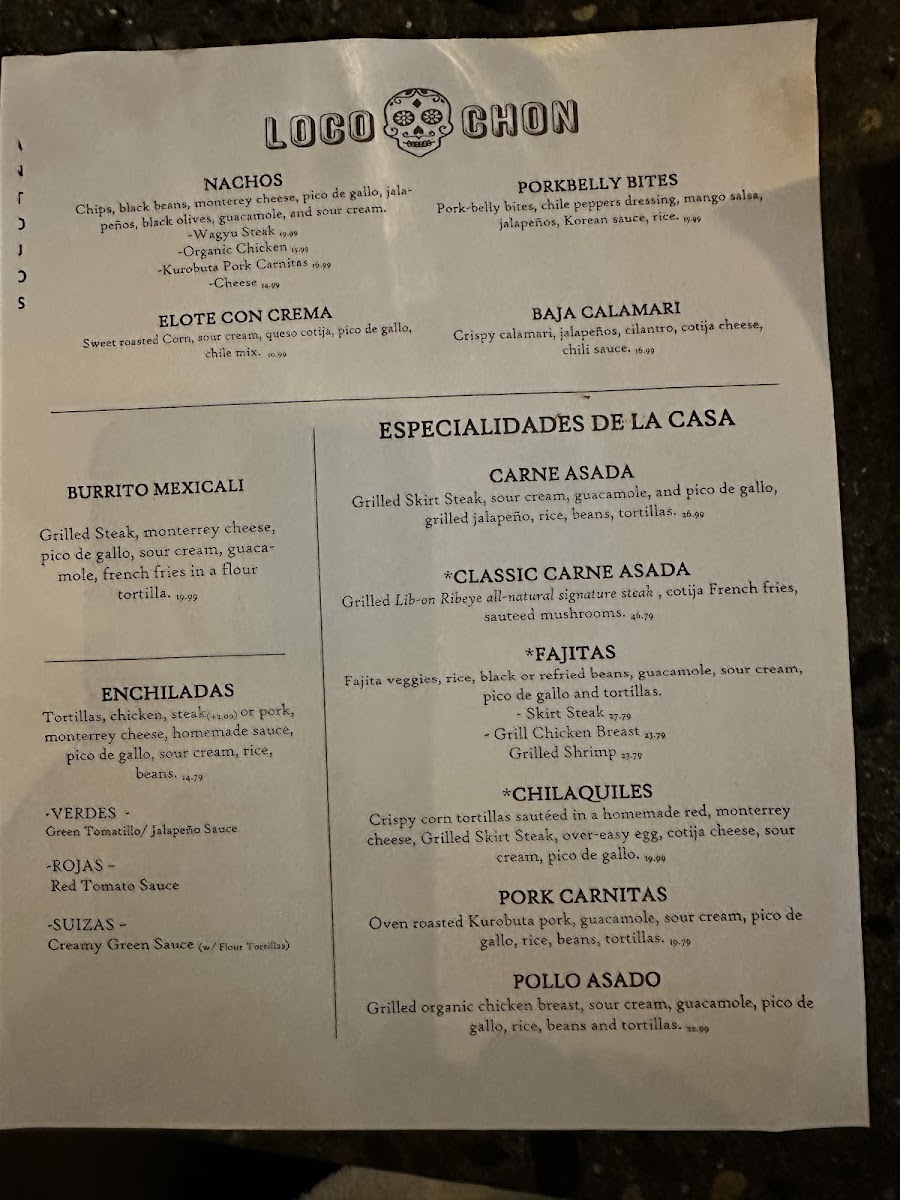 Loco Chon gluten-free menu