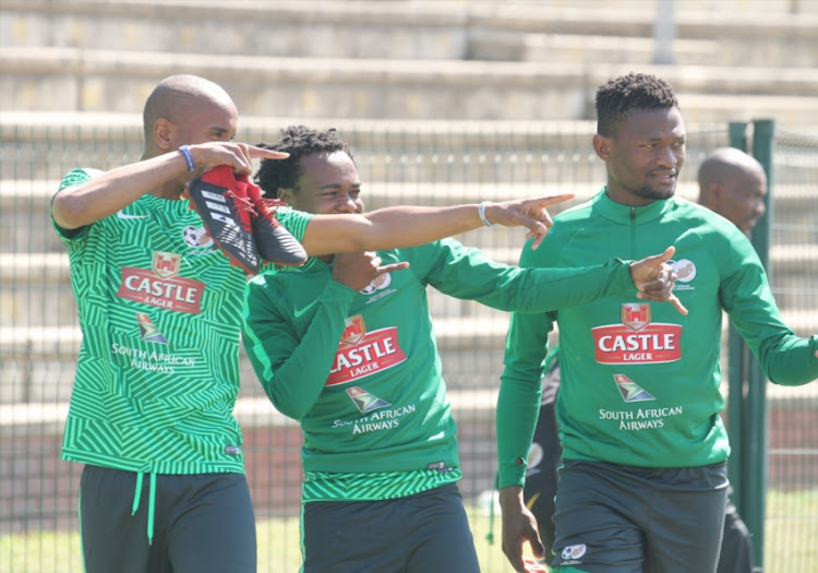 Percy Tau with team mates during the South African national mens soccer team training session at Princess Magogo Stadium on September 04, 2018 in Durban, South Africa.