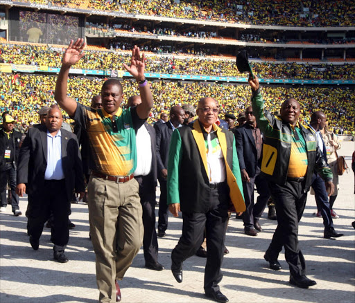 President Jacob Zuma, Paul Mashatile and dept. Prsedident Cyril Ramaphosa during the ANC Gauteng Manifesto launch at FNB Stadium in Johannesburg. PHOTO: ANTONIO MUCHAVE