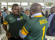 Sports Minister Thulas Nxesi with Springboks player Trevor Nyakane during the Launch of SuperSport Rugby Challenge at Bill Jardine Stadium on April 10, 2017 in Johannesburg, South Africa.