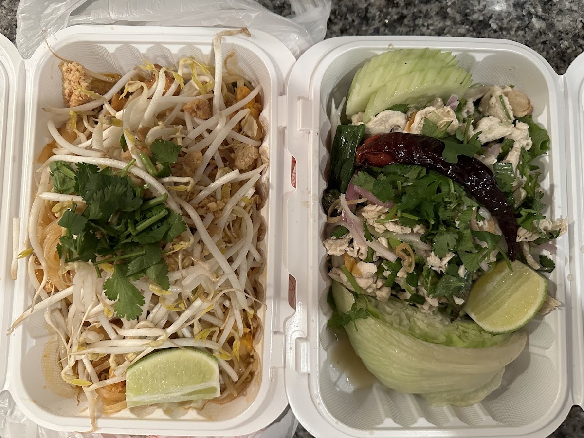 GF Pad Thai with Fried Tofu (left) and GF Laab with chicken (right)