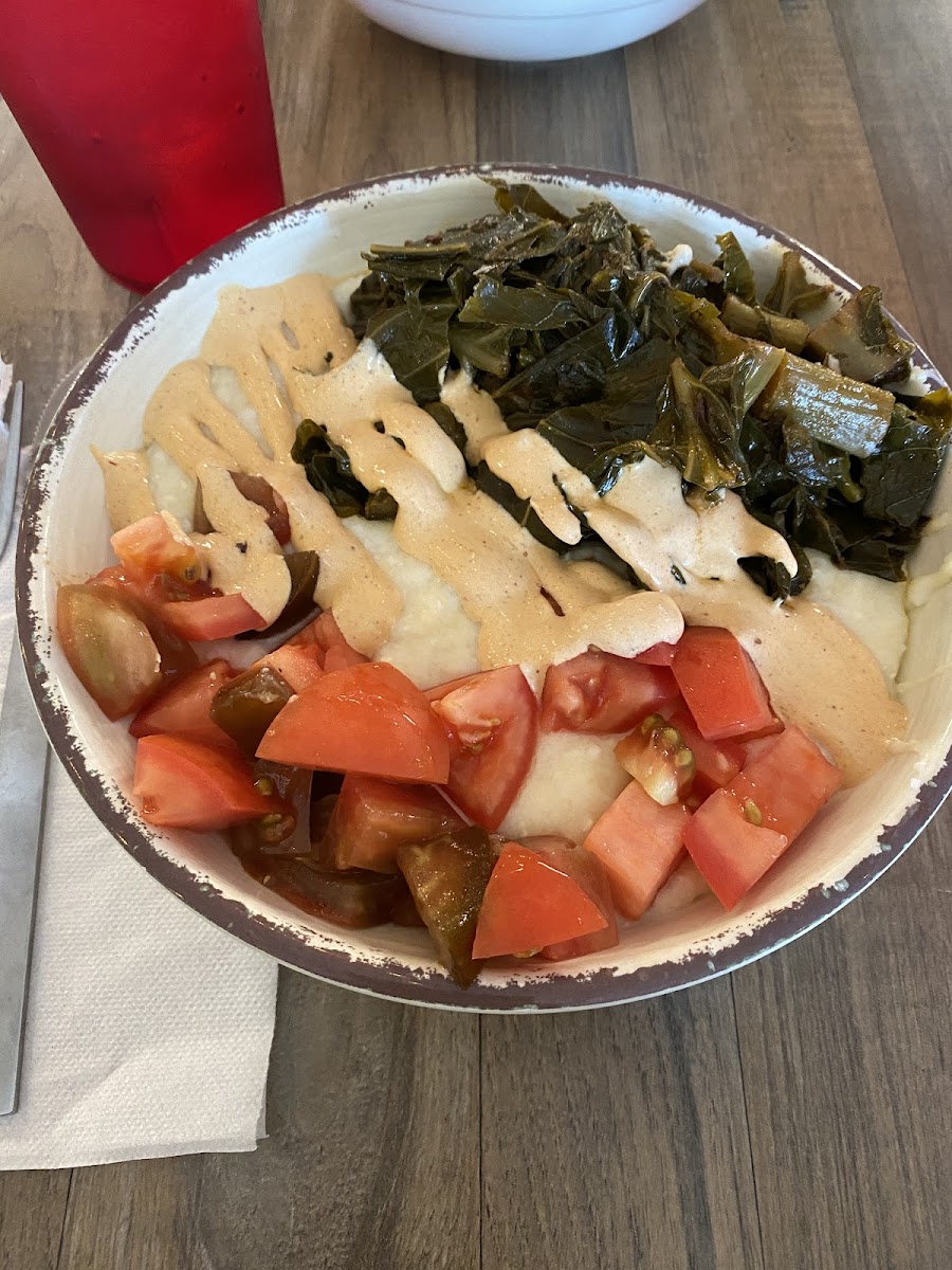 Gouda grits, collards and tomatoes with jalapeno sauce
