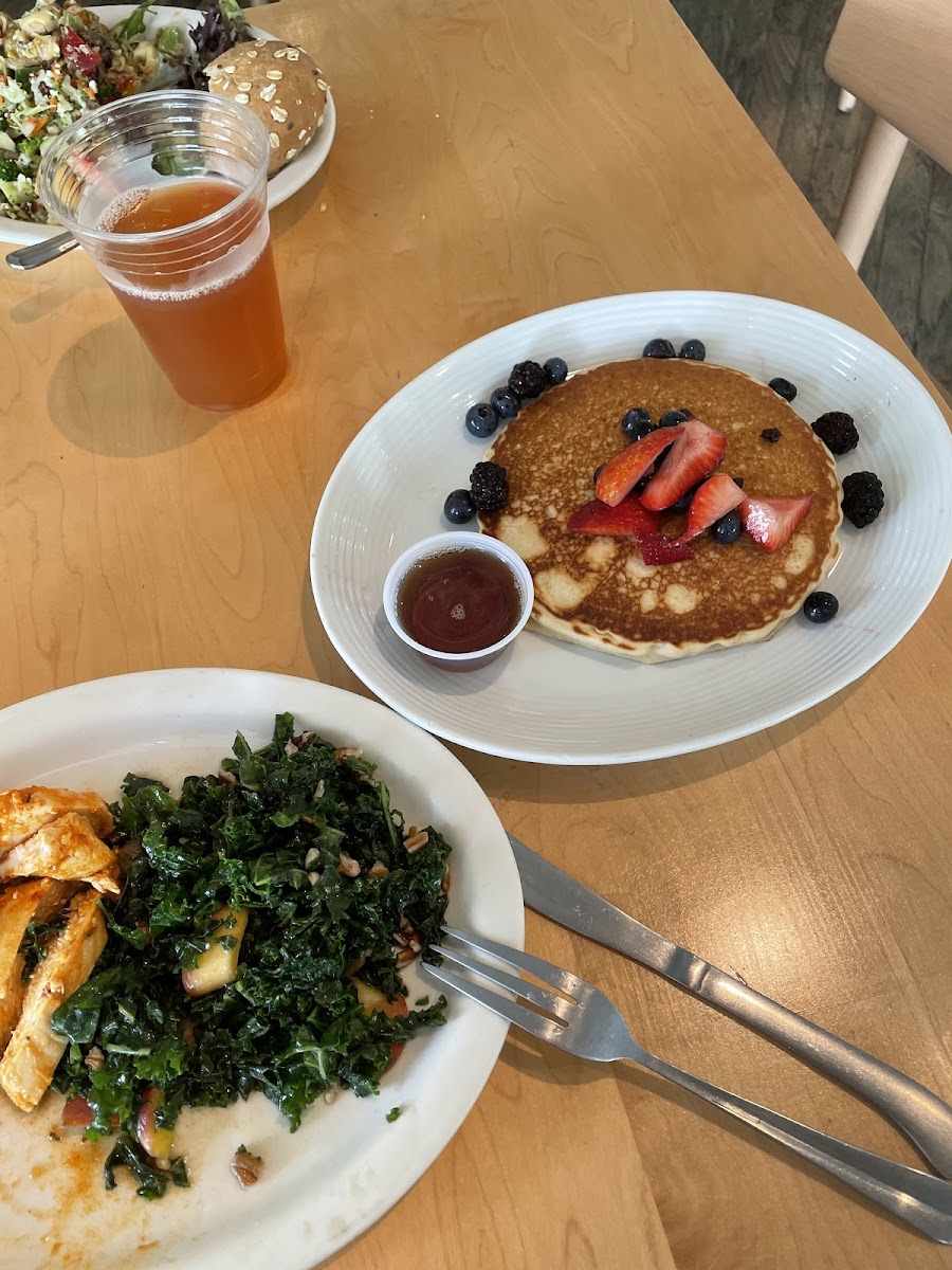 Grilled chicken, kale and peach salad, gf buttermilk pancakes!