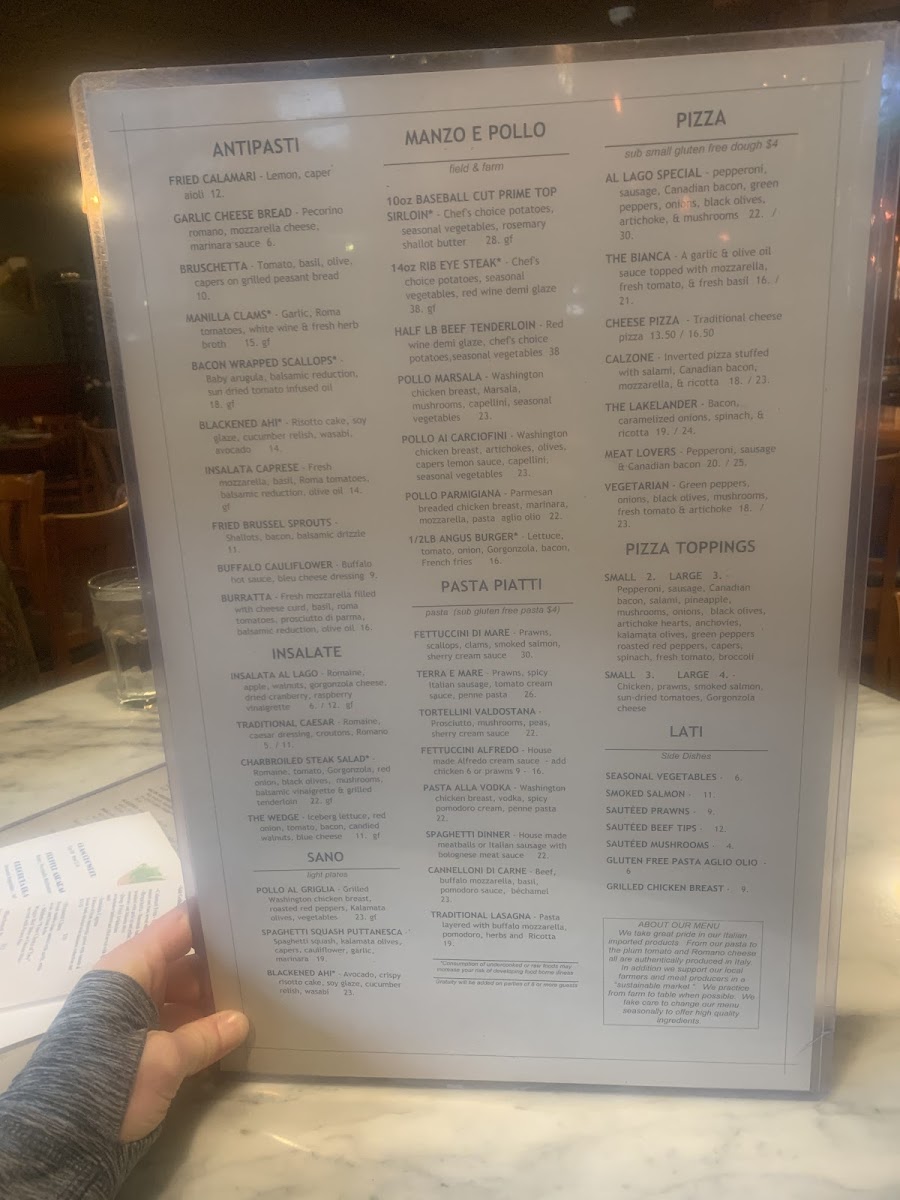 Al Lago Restaurant gluten-free menu