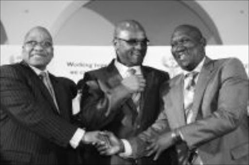 TOP BRASS: President Jacob Zuma and Police Minister Nathi Mthethwa congratulate Bheki Cele, the new police commissioner, after the official announcement of his appointment in Pretoria yesterday. PHOTO: KOPANO TLAPE. 29/07/2009. © Sowetan