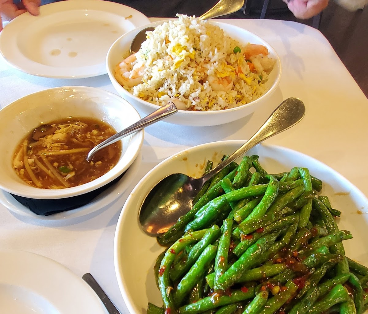 vegetable hot and sour soup, shrimp fried rice, sauteed string beans