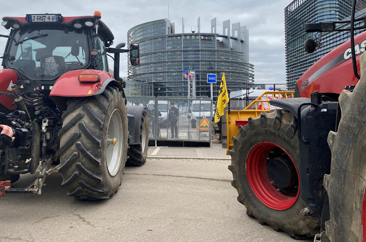 Farmers protest with their tractors outside the European parliament in Strasbourg, France, February 6 2024. Picture: KATE ABNETT/REUTERS