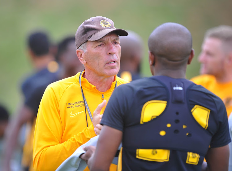 Ernst Middendorp with playmaker Lebogang Manyama during a training session at Naturena in the south of Johannesburg on February 19 2020.