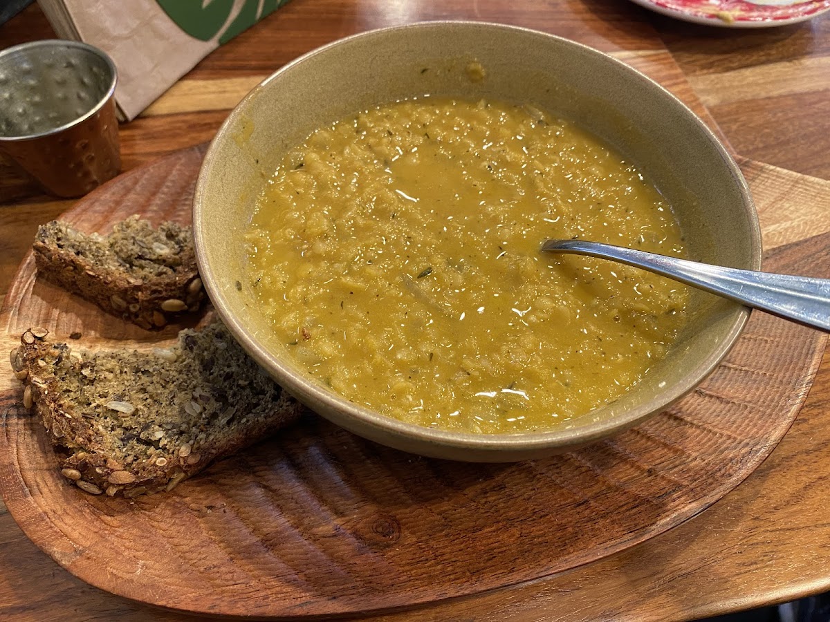 Pumpkin curry soup!!  The slice pf bread thay came wirh it was soooo flavorful i aaked for a second slice!