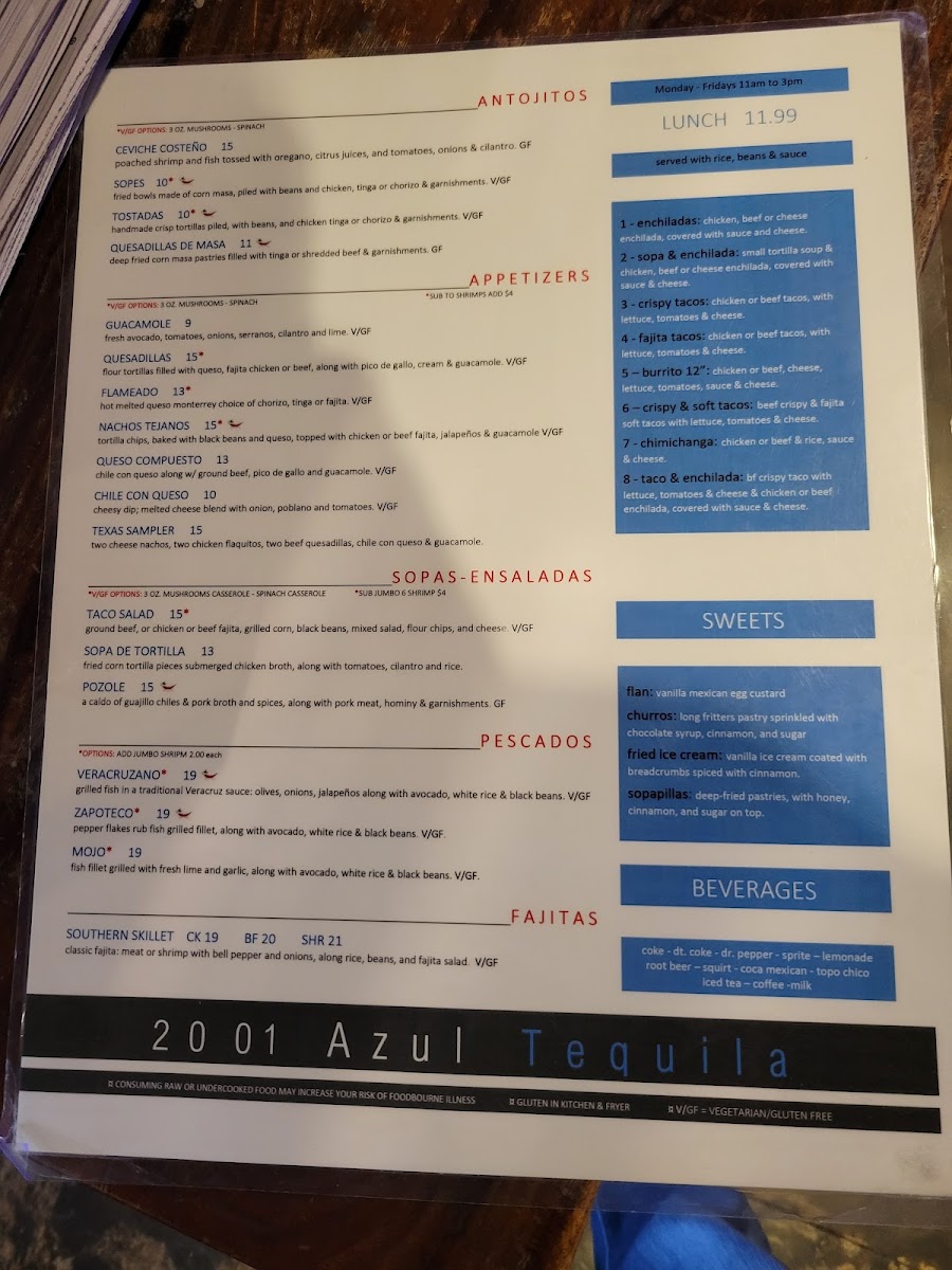 Azul Tequila gluten-free menu