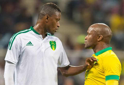 Mohamed Taghiyoullah Denna of Mauritania and Tokelo Anthony Rantie of South Africa during the 2017 Gabon AFCON Qualifier match between South Africa and Mauritania at Mbombela Stadium on September 02, 2016 in Nelspruit, South Africa.