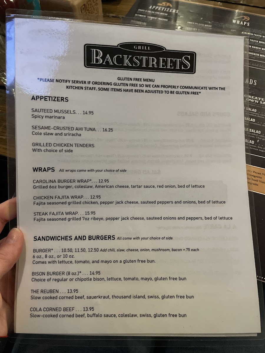 Backstreets Grill gluten-free menu