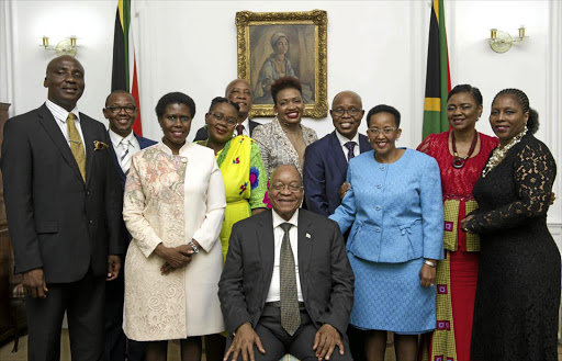 President Jacob Zuma with some of his new cabinet members after their swearing-in ceremony at Sefako Makgatho presidential guesthouse in Pretoria on Friday. They were appointed on Thursday.