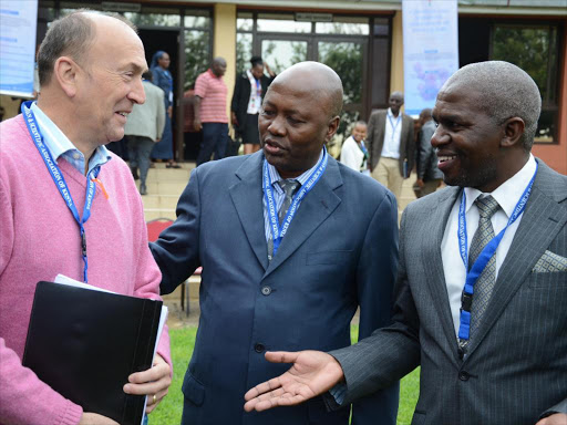 Andrew Harrison from the UK has a word with Christian and Scientific Association of Kenya Chair (CSAK) Prof. Bernard Boyo and CSAK Project director Prof. Francis Muregi during the association’s annual meeting at Sweet Lake resort in Naivasha. The association defended the use of Polio vaccines saying they had been proven to prevent resurgence of the disease.