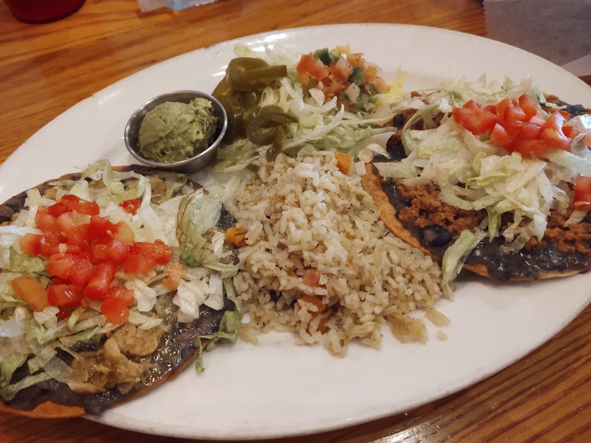 Roja, Omaha. GF and Vegan Tostadas with rice and added guacamole.