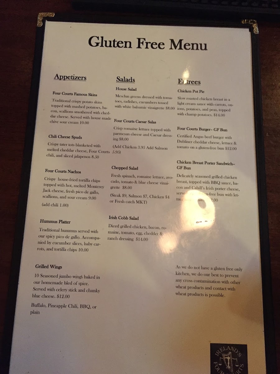 Ireland's Four Courts gluten-free menu