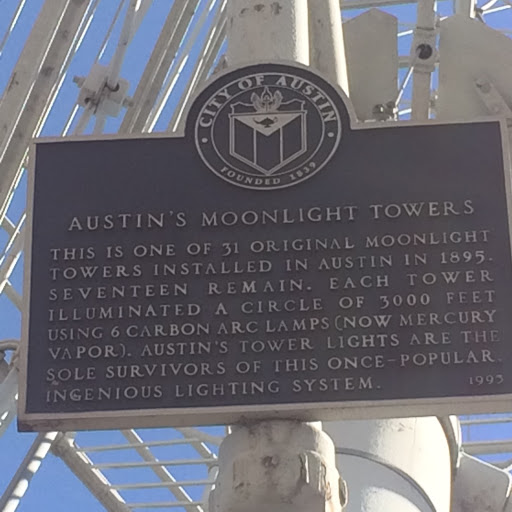 Austin's Moonlight Towers This is one of the 31 original moonlight towers installed in Austin in 1895. Seventeen remain. Each tower illuminated a circle of 3000 feet using 6 carbon arc lamps (now...