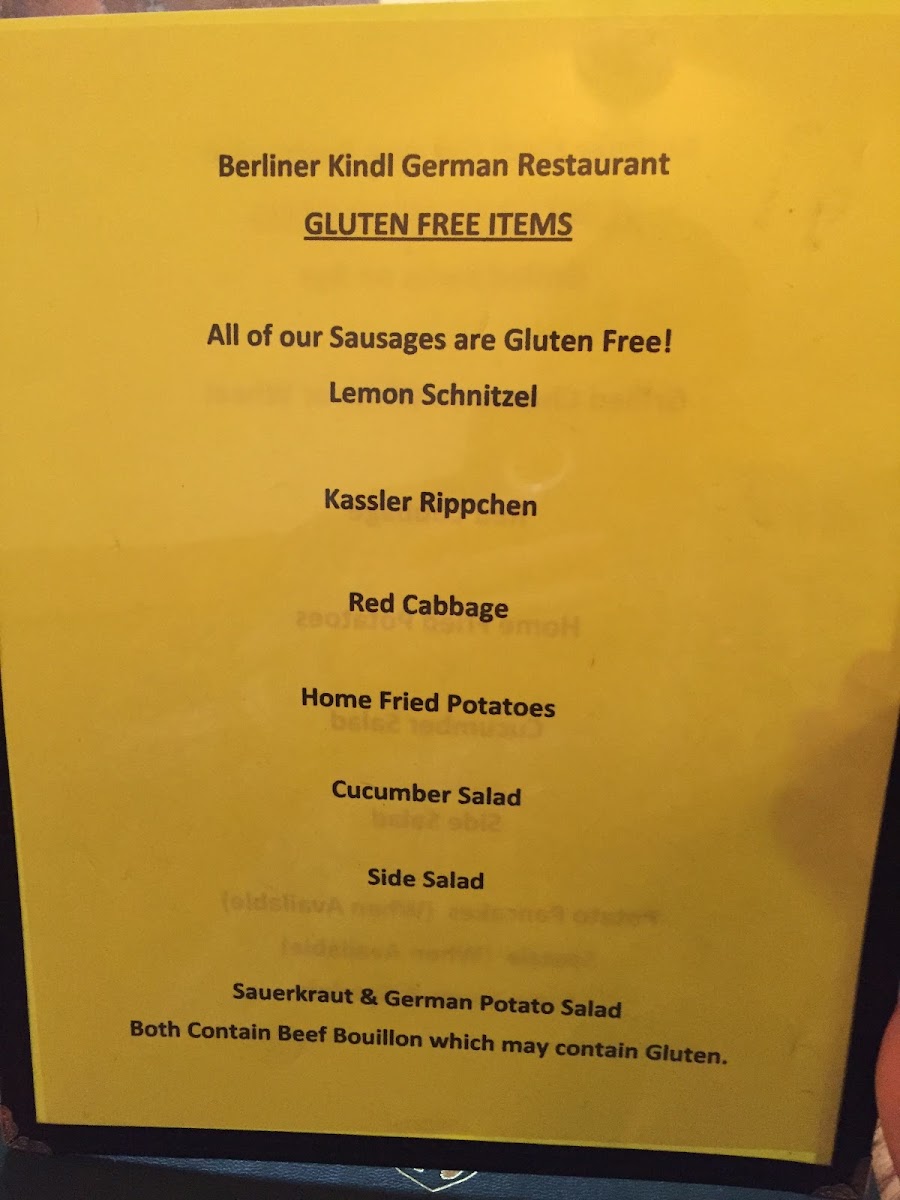 The GFree menu.   See the regular menu for the mix of different sausage platter options.