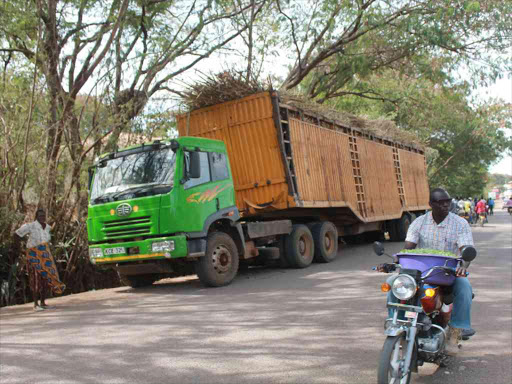 The lorry into which a boda boda rider carrying three singers crashed in Homa Bay on Tuesday /ROBERT OMOLLO /COUX