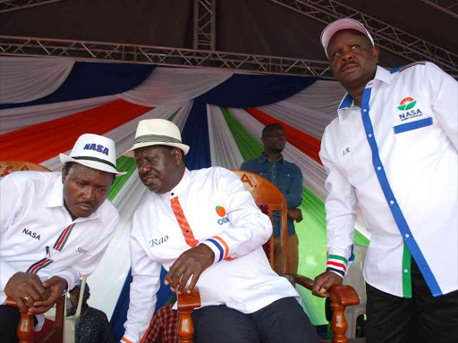 NASA bosses, Wiper leader Kalonzo Musyoka, ODM’s Raila Odinga and Isaac Rutto of CCM in Afraha Stadium, Nakuru county, yesterday /BEN NDONGA