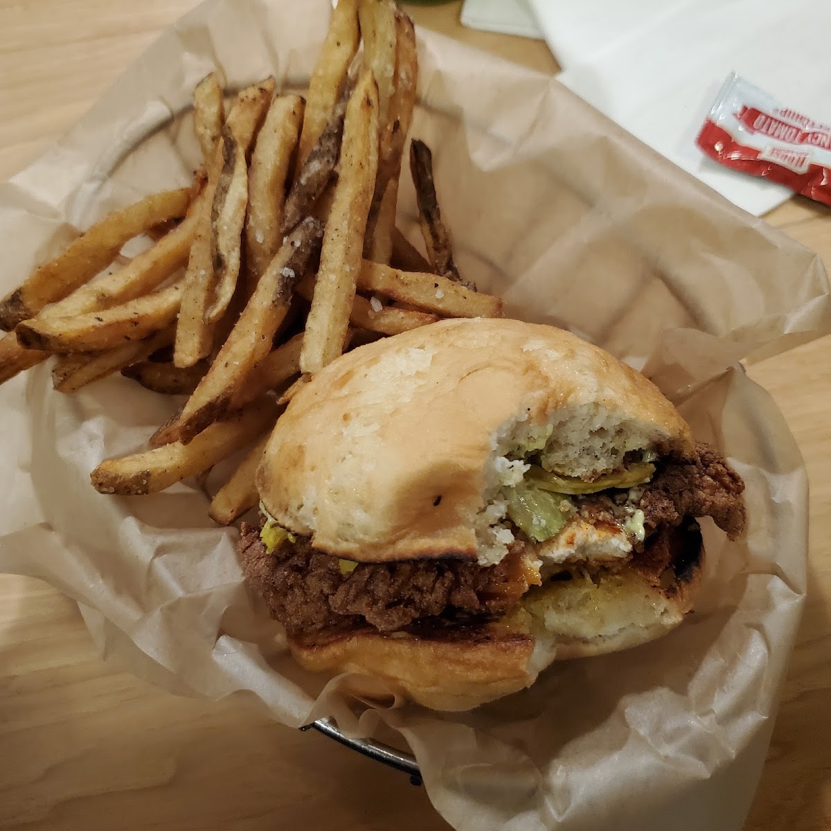 Delicious fries with a gluten-free fried chicken sandwich