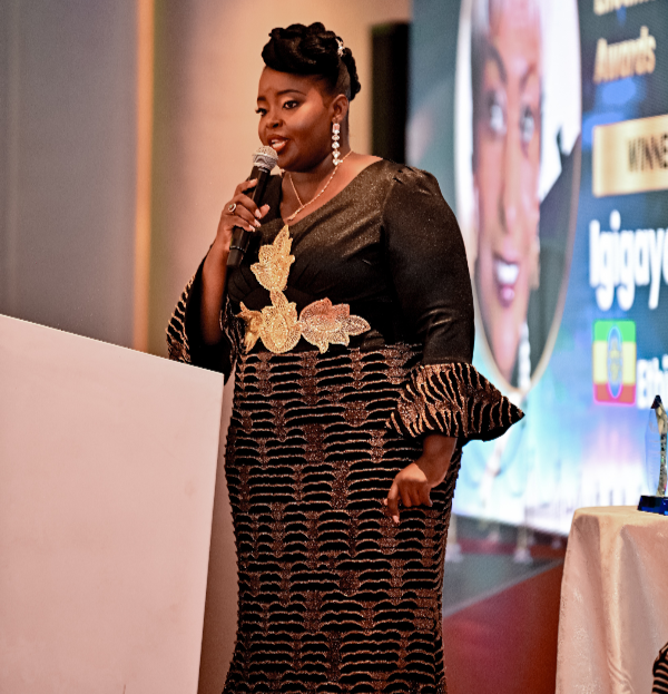 Radio Africa Group Head of electronic news Susan Kimachia speaks during the AllAfrica Gala Dinner and Excellence Award Ceremony where Group CEO Patrick Quarcoo received the Lifetime Achievement Award at Glee Hotel in Runda, Nairobi on May 9, 2024