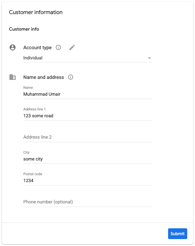 Beispielkarte mit Details zur Zahlungsadresse in Kundendaten in Google AdSense
