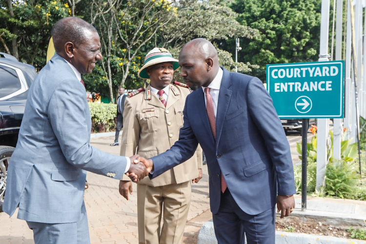 President William Ruto with Roads and Transport Cabinet Secretary Kipchumba Murkomen during the launch of the National Road Safety Action Plan at the KICC on April 17, 2024.