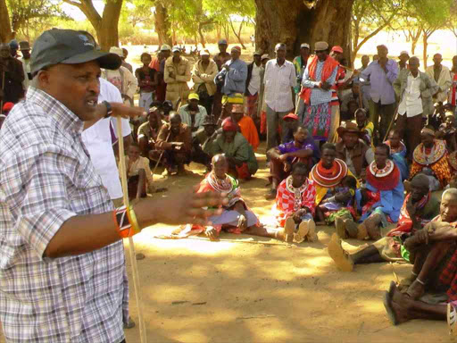 Samburu East MP Raphael Letimalo addressing residents during a past function at Archers Post. /FILE