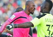 Black Leopards defender Jean Munganga celebrates with goalkeeper Rotshidzwa Muleka after the Limpopo team beat Platinum Stars in the first match of the promotion/relegation playoff match at Thohoyandou Stadium on May 16, 2018 in Thohoyandou, South Africa. 
