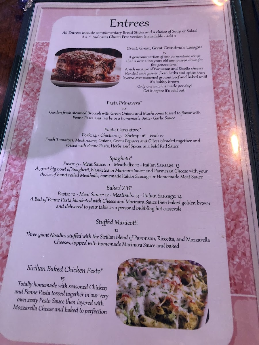 GF menus listed for entrees