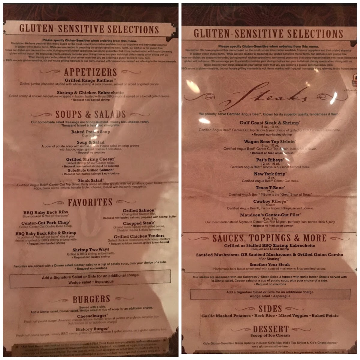 Gluten Sensitive Menu