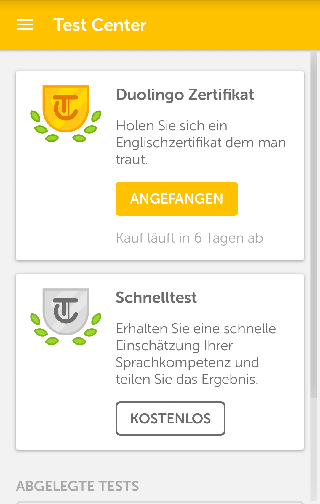 Android application Duolingo Test Center screenshort